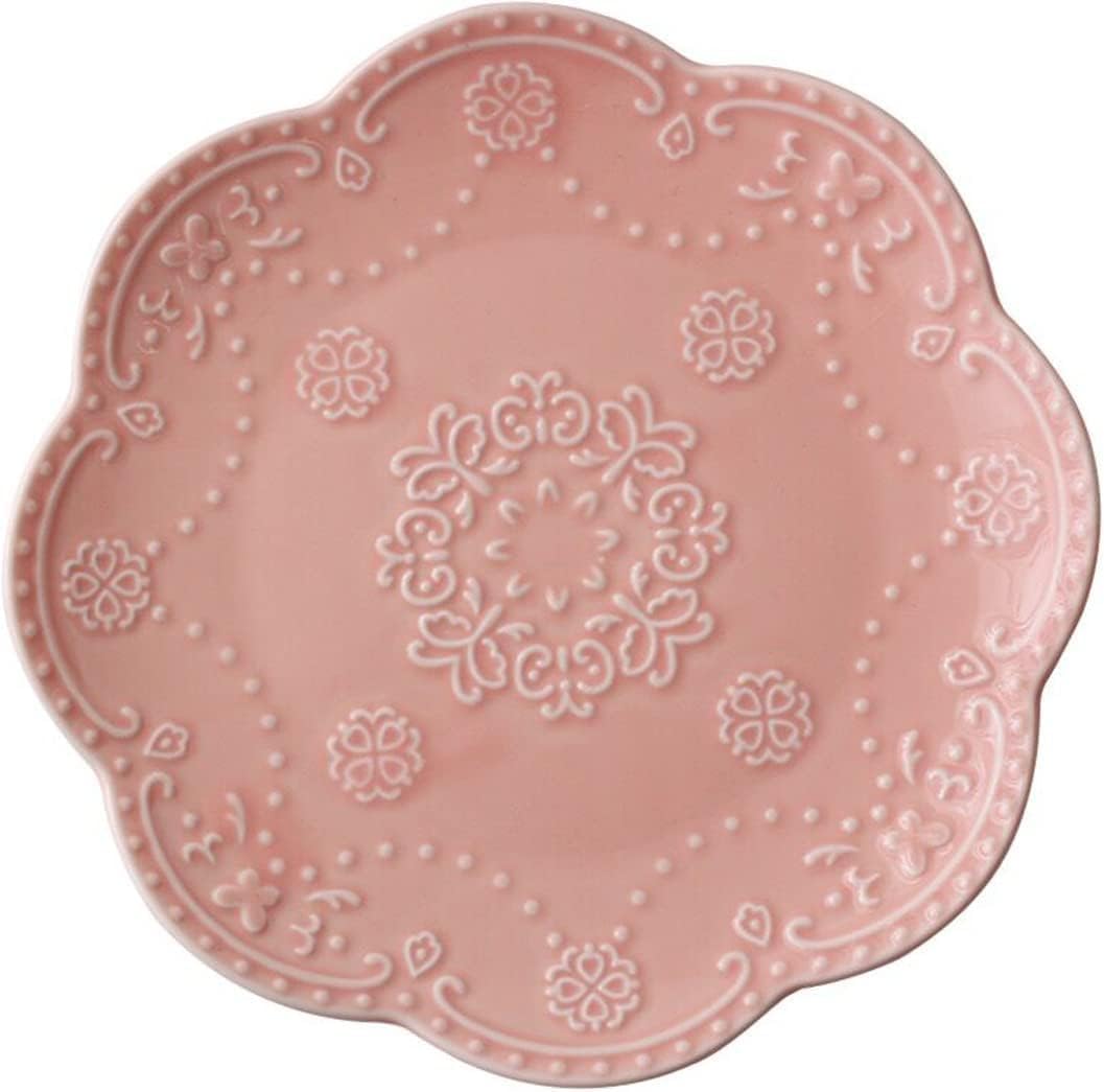 Embossed Ceramic Dessert Plate – Elegant Pink Snack, Cake, Fruit & Tea Plate